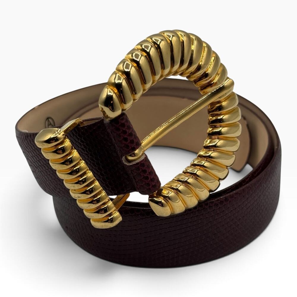 Vintage Arrivanto Womens M Burgundy Leather Belt Gold Statement Buckle 80s